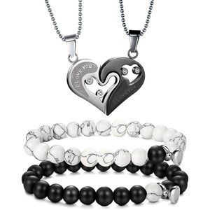 NEW 4Pcs Couples Bracelet Necklace Set Matching His and Hers Promise Lov…